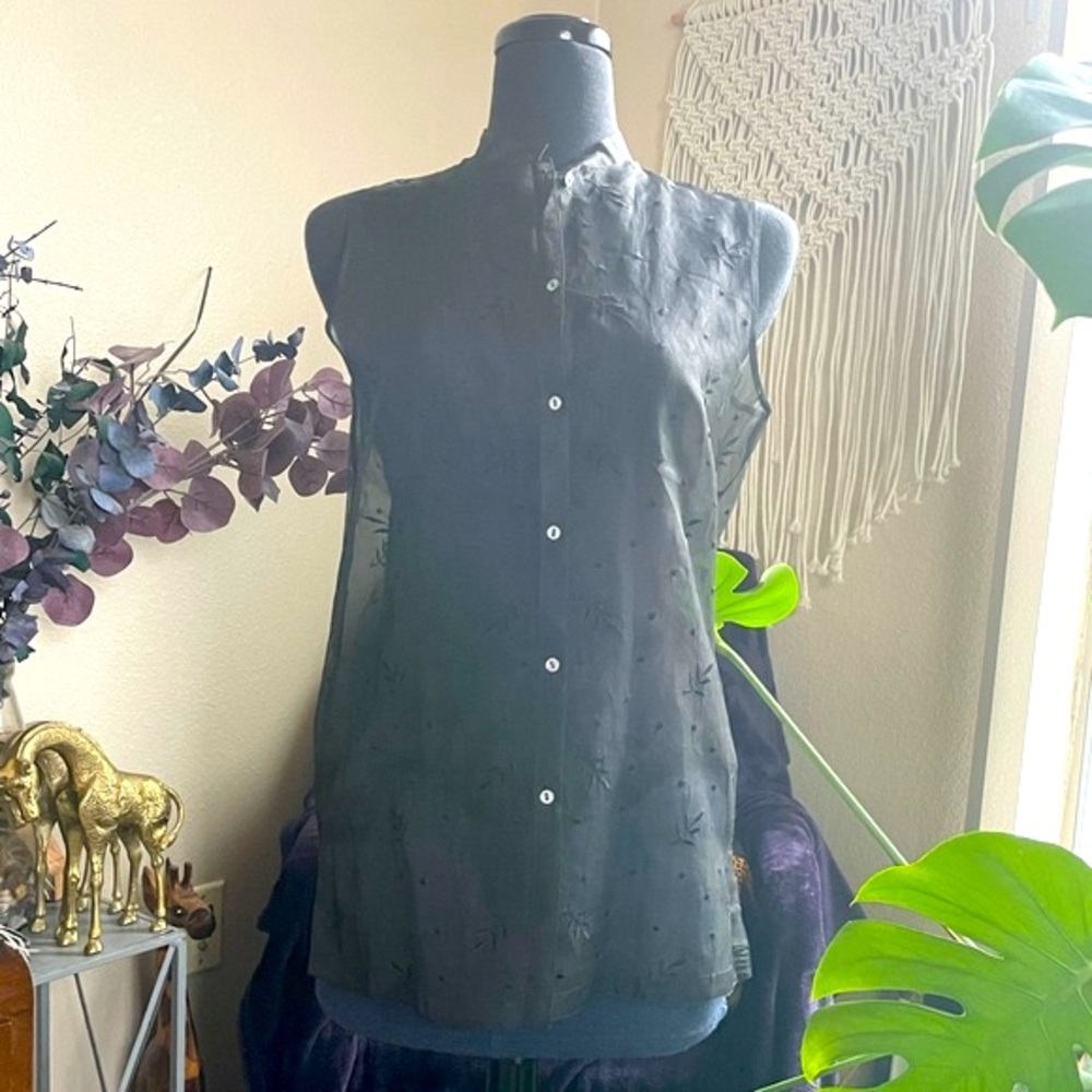 Sigrid Olsen 100% Silk Floral Embroidered Sleeveless Sheer Top